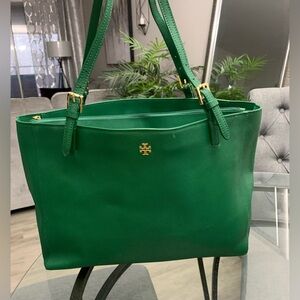Tory Burch Emerald Green Leather Tote with Gold Accents
